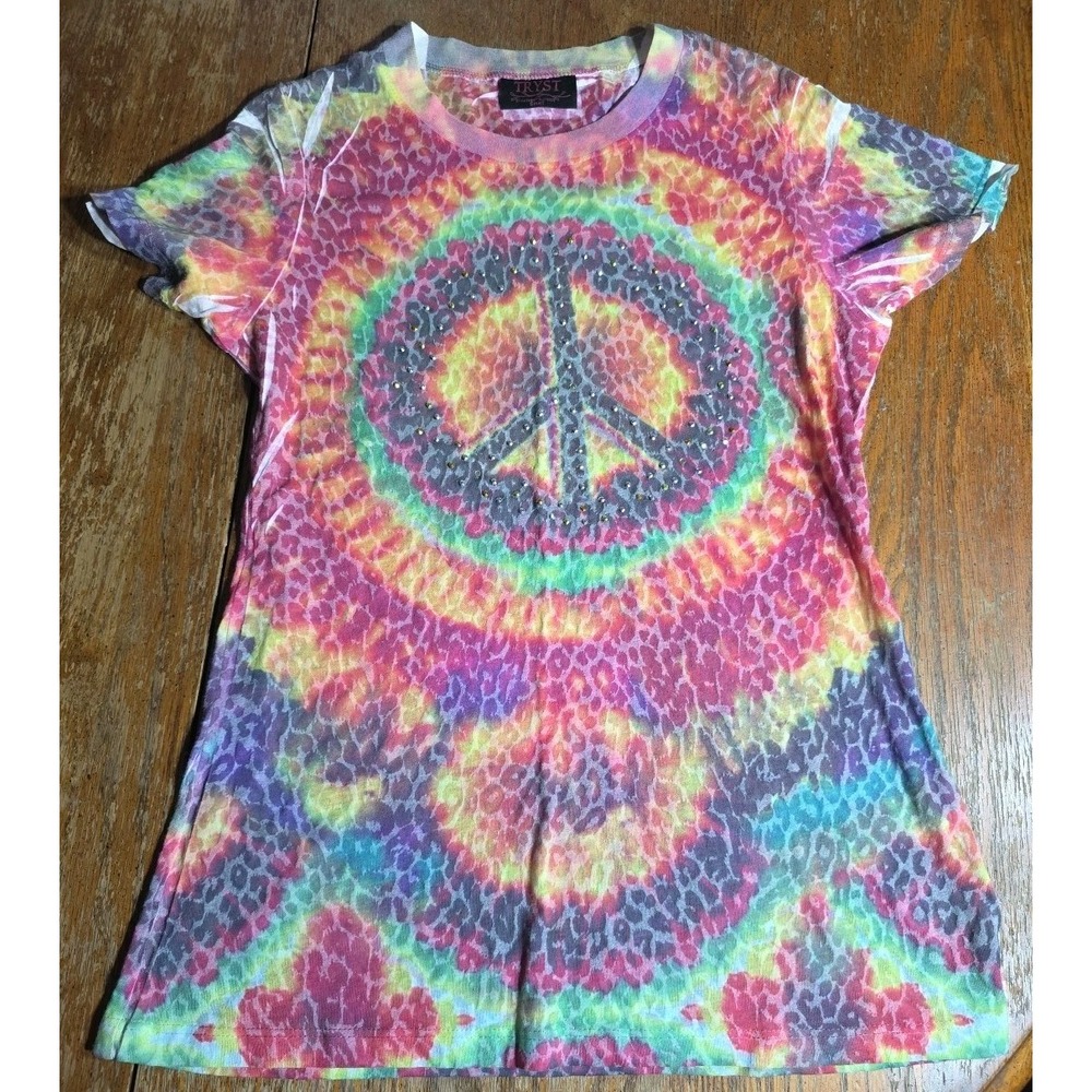 Y2K Tryst Baby Tee Top Size Small Tie Dye Peace‎ Shirt Hippie Grunge Rhinestones